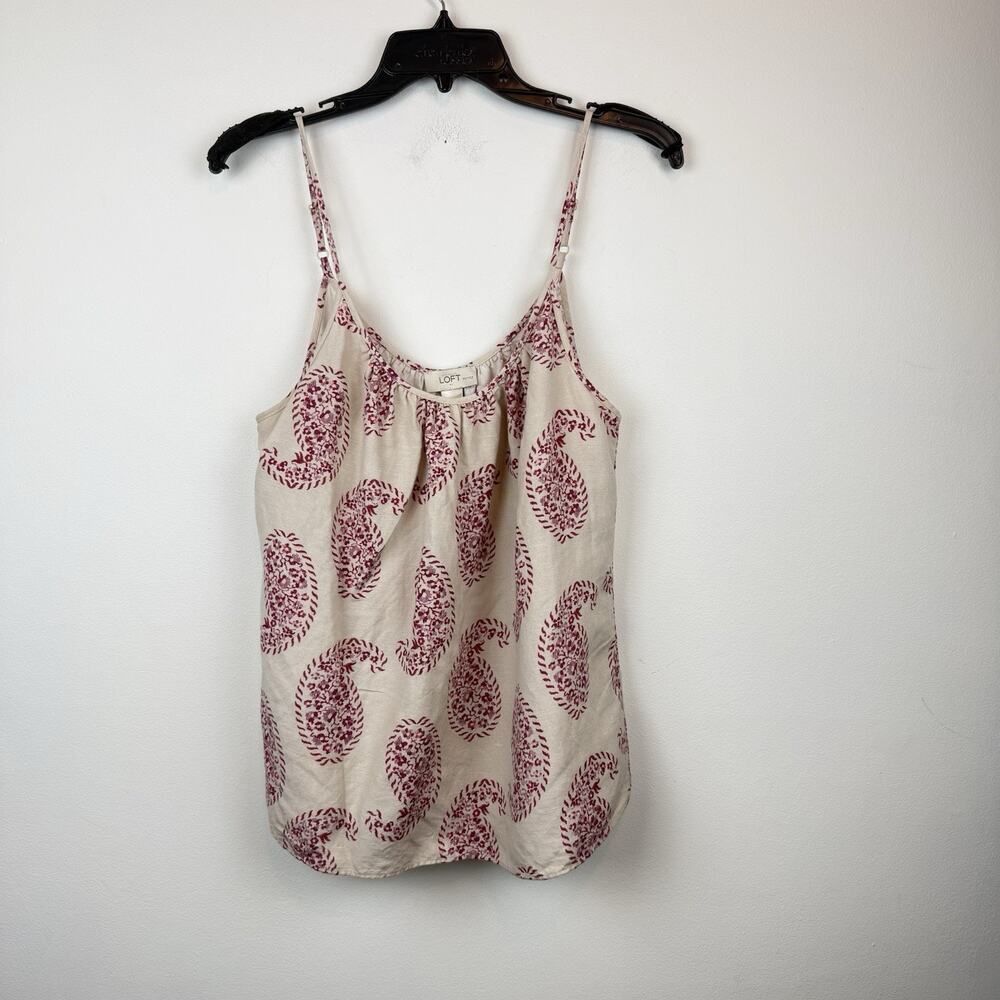 LOFT Petites Lg Linen Blend Paisley Red Cream Country CottageCore Boho EUC
